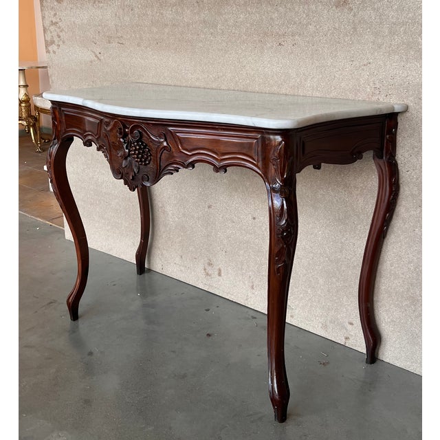 French Regency Carved Walnut Console Table With White Marble Top For Sale - Image 4 of 12