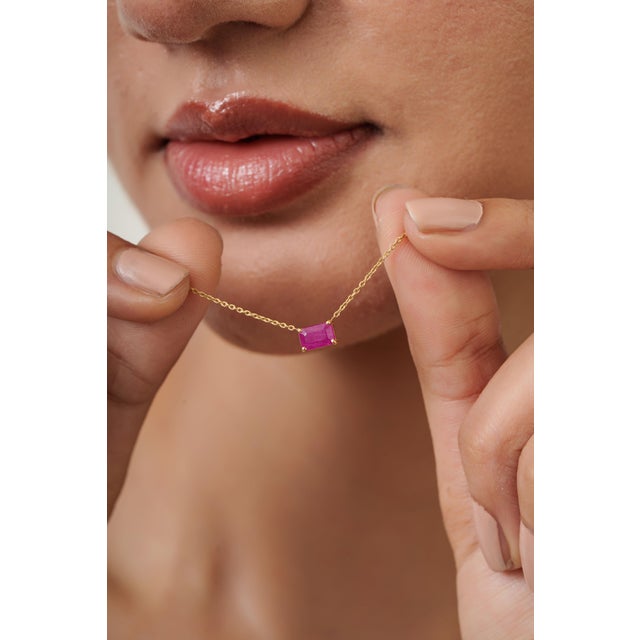 Minimalist 18k Yellow Gold Emerald Cut Ruby Solitaire Pendant Necklace 18 Inches For Sale - Image 4 of 14