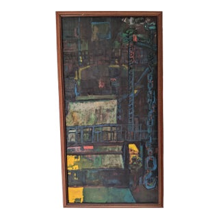 Vintage Modernist Brutalist Construction Scaffolding Architectural Building Oil Painting Framed For Sale