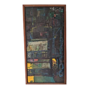 Vintage Modernist Brutalist Construction Scaffolding Architectural Building Oil Painting Framed