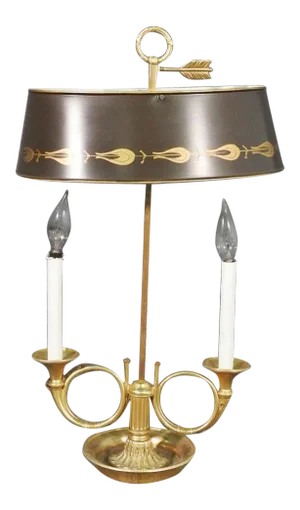 French Empire Tole Painted Metal Shade Brass Bugle Table Lamp, Circa 1950s
