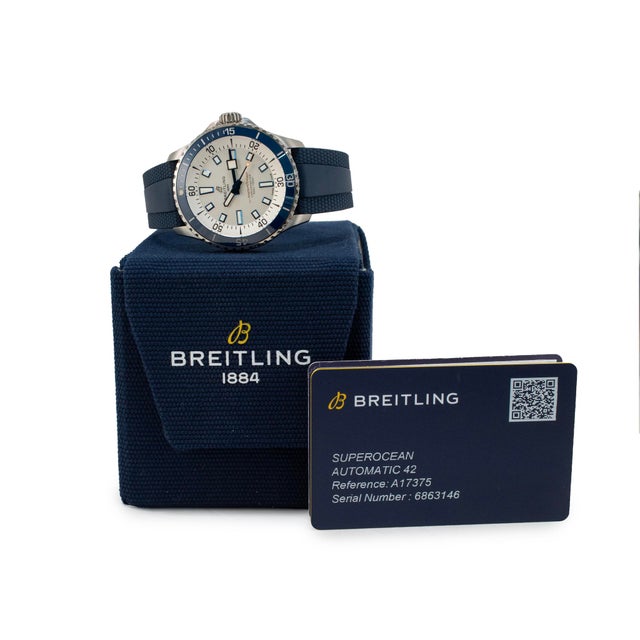 Breitling Superocean 42mm A17375e71g1s1 White Dial Blue Rubber Band Steel Watch For Sale - Image 9 of 10