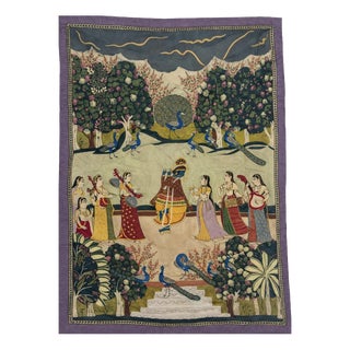 Hand Embroidered Krishna Ras Leela Tapestry, 1960s For Sale
