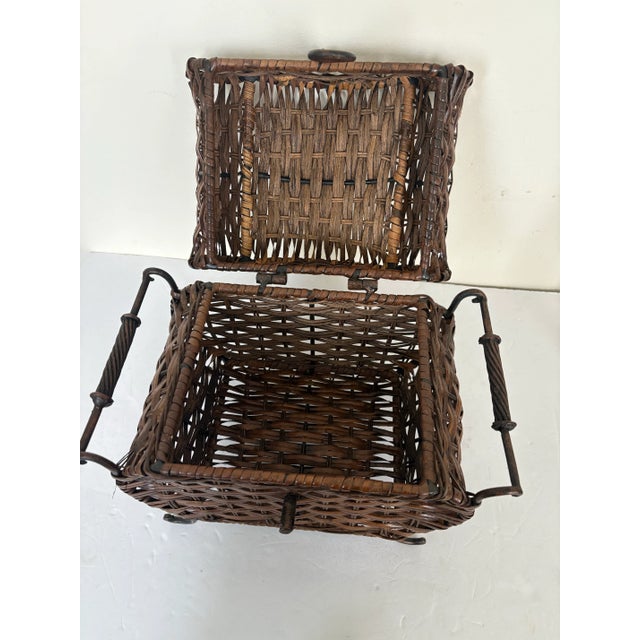 Arts & Crafts Antique Arts & Crafts Wicker Sewing Basket With Wrought Iron Handles, C. 1900 For Sale - Image 3 of 11