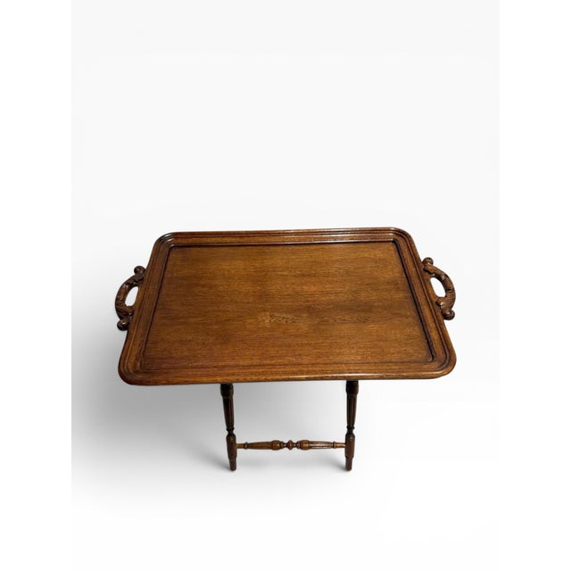 Wood 1930s English Oak Butler’s Tray Table With Turned Folding Base For Sale - Image 7 of 11