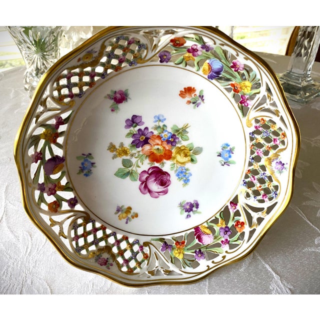 1950s 1950's Schumann Germany, Pedestal Reticulated Compote, Chateau Pattern, Dresden Flowers Porcelain Decorative FootedBowl For Sale - Image 5 of 18