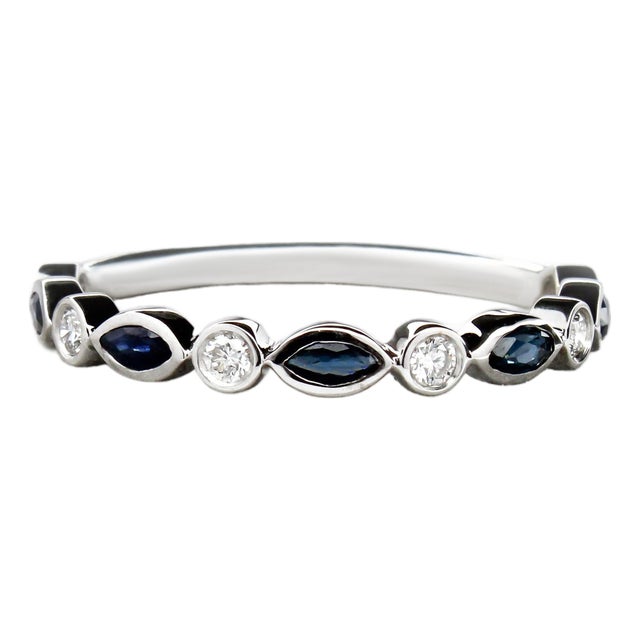 Ceylon Sapphire & Natural Diamond Halfway Band in 14k White Gold | Bezel Setting, Size 6.75 For Sale