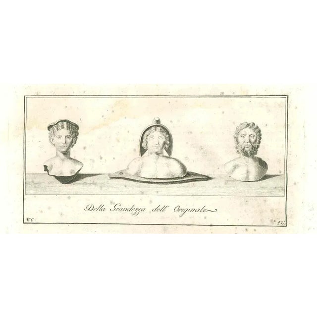 Ancient roman statues, from the series "antiquities of herculaneum", is an original etching on paper realized from a...