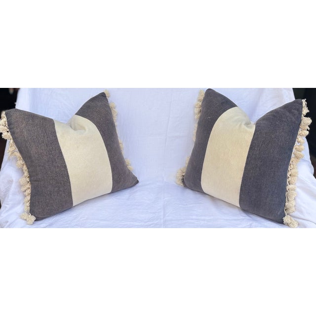 Grey and Ivory Fringed Pillow Covers With Inserts-a Pair For Sale In Palm Springs - Image 6 of 7