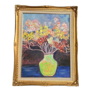 Contemporary Original Alexandra Brown Abstract Pop Floral Still Life Oil Painting Vintage French Style Frame For Sale