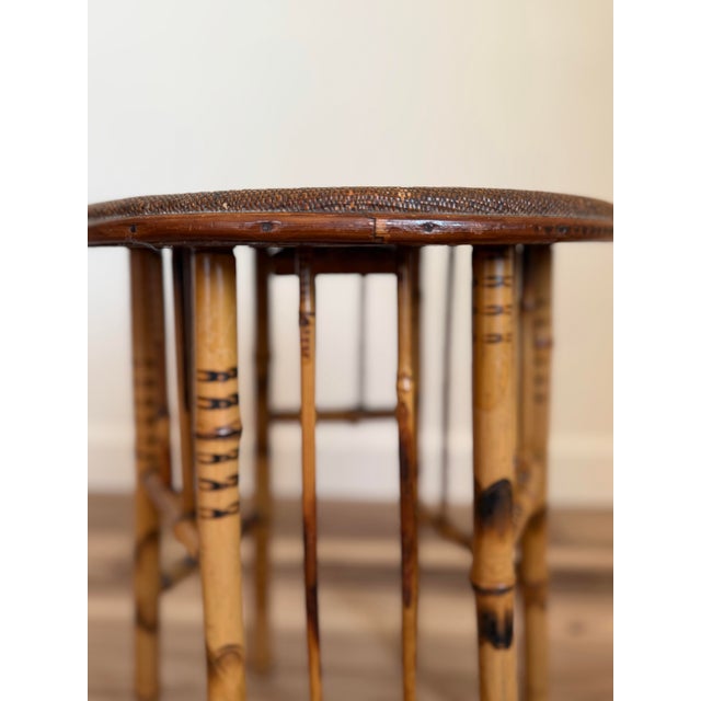 English Antique English Tortoiseshell Bamboo Side Table, Woven Rush Top For Sale - Image 3 of 12