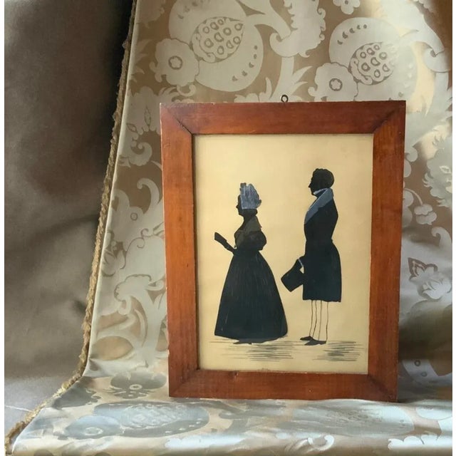 American Antique American Matrimonial Double Silhouette Portrait, Cut Paper With Over-Painted Details, Original Birdseye Maple Frame, Early 19th Century For Sale - Image 3 of 9