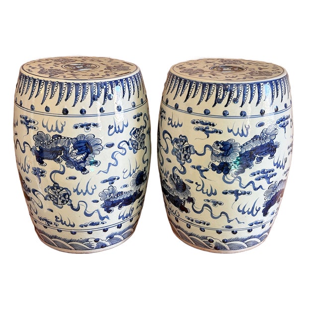 Chinoiserie Chinoiserie Porcelain Blue and White Dancing Foo Dogs Garden Stools - A Pair For Sale - Image 3 of 7