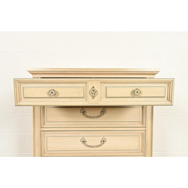 Wood John Widdicomb Style French Regency Louis XVI Cream Lacquered Highboy Dresser, Circa 1960s For Sale - Image 7 of 18