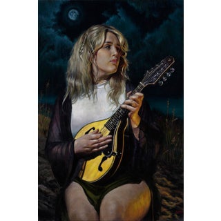 It Took The Night to Believe by Daire Lynch | Oil Painting of a woman playing a mandolin at night For Sale