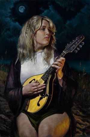 It Took The Night to Believe by Daire Lynch | Oil Painting of a woman playing a mandolin at night