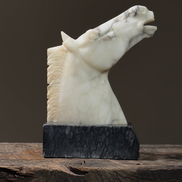 White Antique Large Italian Art Deco Hand Carved Alabaster Horse Head Bookends For Sale - Image 8 of 12