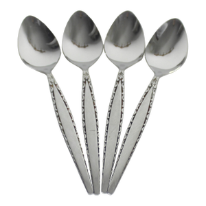 1960’s Four Venetia Teaspoons Tea Spoon Mid Century Modern Stainless Steel Oneida Community Matching Scroll Matching Set Black Detail