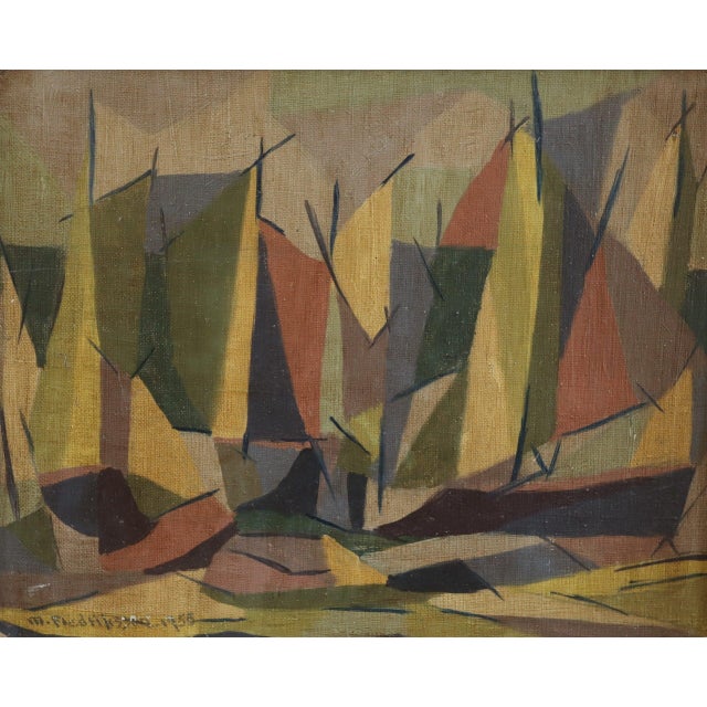 1955 Mid-Century Modern 'Woodland Rhythm' Vintage Swedish Abstract Cubist Landscape Oil Painting, Framed For Sale - Image 10 of 11