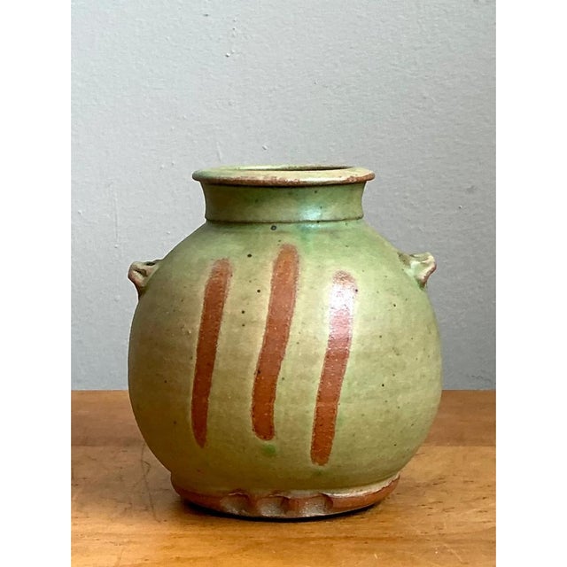 Ceramic Vintage Green Striped Ceramic Vase For Sale - Image 7 of 12