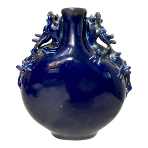 Vintage Handmade Chinese Cobalt Blue Moon Dragon Porcelain Pottery Figural Vase