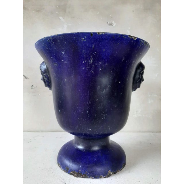 Antique Blue Enamelled Cast Iron Vase For Sale - Image 3 of 9