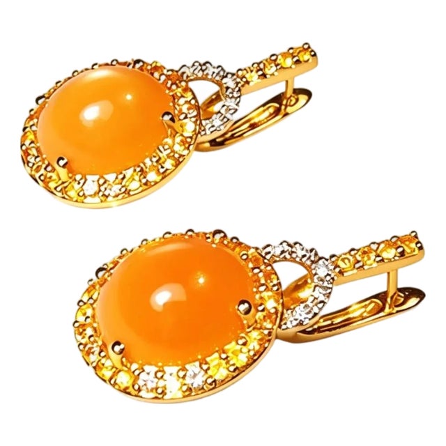 Late 20th Century Pair of 14K Yellow Gold Orange Chalcedony Diamond Citrine Earrings For Sale