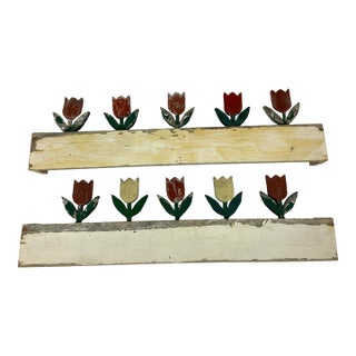 Pair Vintage Folk Art Wood Wall Art Painted Window Valances With Tulips For Sale