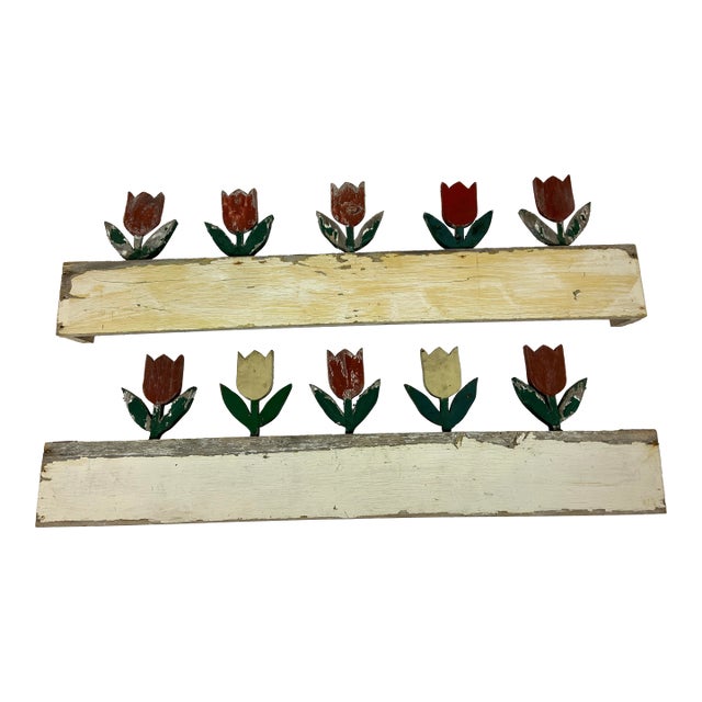 Pair Vintage Folk Art Wood Wall Art Painted Window Valances With Tulips For Sale