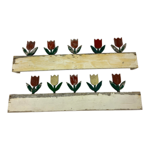 Pair Vintage Folk Art Wood Wall Art Painted Window Valances With Tulips