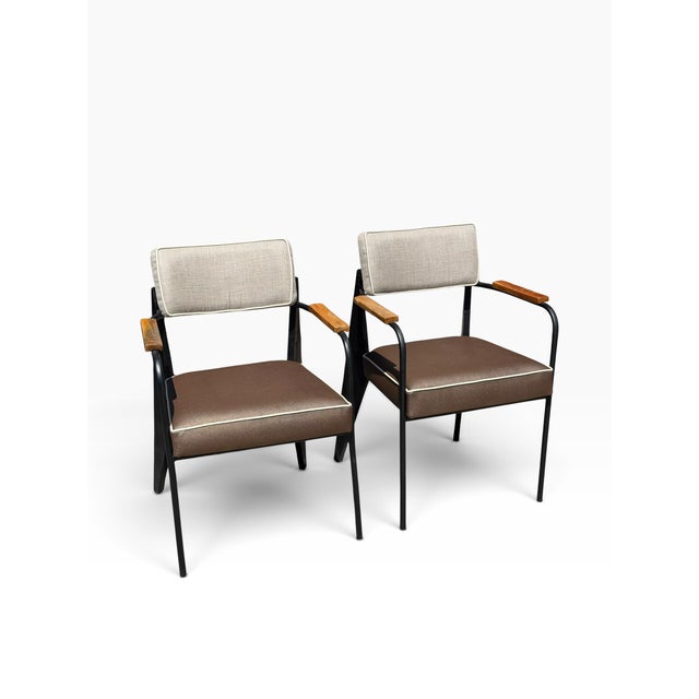 Pair - Vintage Art Deco Jean Prouvé Attr Direction Armchairs With Shagreen Vinyl Seats.