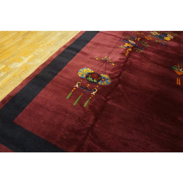 1920s Red Wine Classic Floral Vase Antique Chinese Art Deco Carpet 9'2" X 11'10" Knotted Pile Wool Rug For Sale - Image 11 of 13