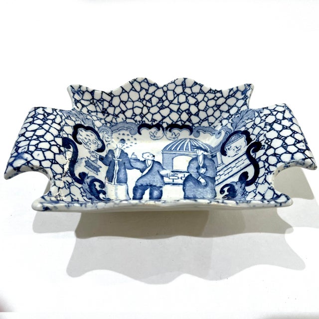 William Adams and Company Rare 1920's Blue & White Adams Chinese Bird With People Scalloped Pickle Dish For Sale - Image 4 of 10