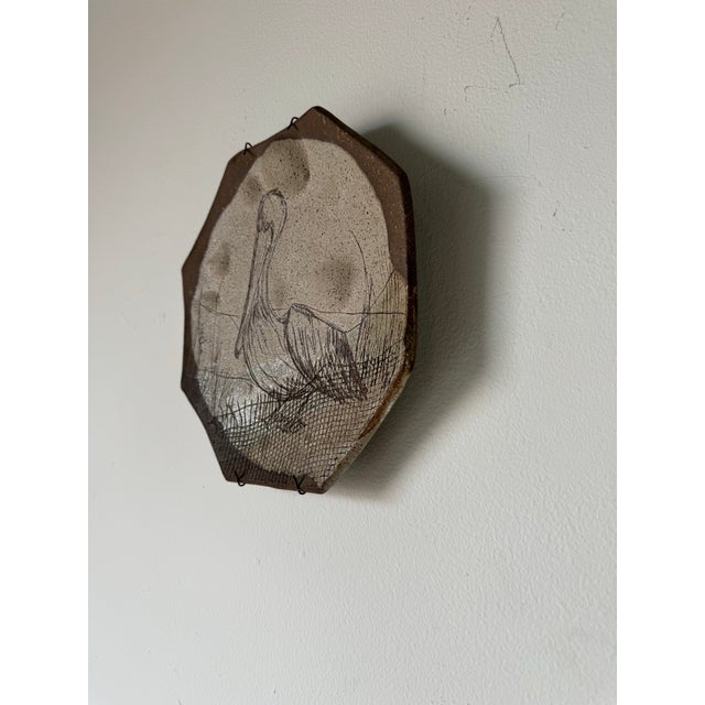 Brown 80's Vintage Janel Hand Painted Pelican Artist Pottery Wall Art For Sale - Image 8 of 9