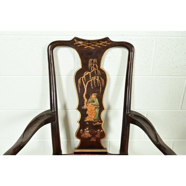 Henredon Chinoiserie Queen Anne Hand Painted Oak and Burl Wood Armchairs, Pair For Sale In South Bend - Image 6 of 14