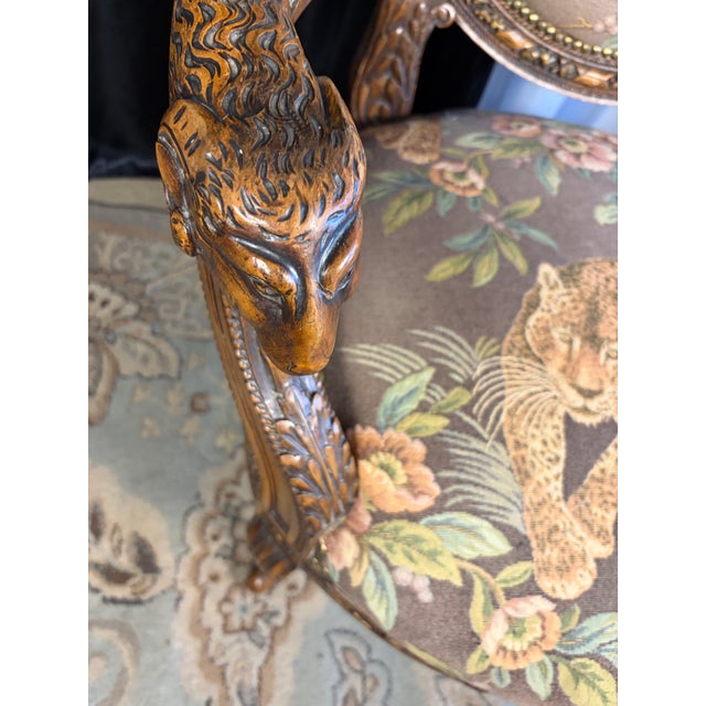 Late 20th Century Late 20th Century Ornate French Transitional Style Carved Ram's Head Armchair in Leopard Tapestry For Sale - Image 5 of 13