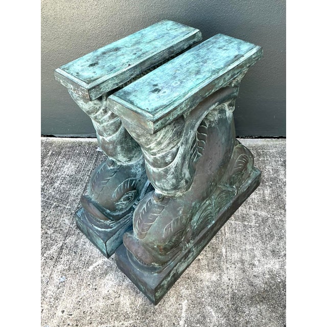 Metal Vintage Patinated Bronze Dolphin Table Pedestals - A Pair For Sale - Image 7 of 12