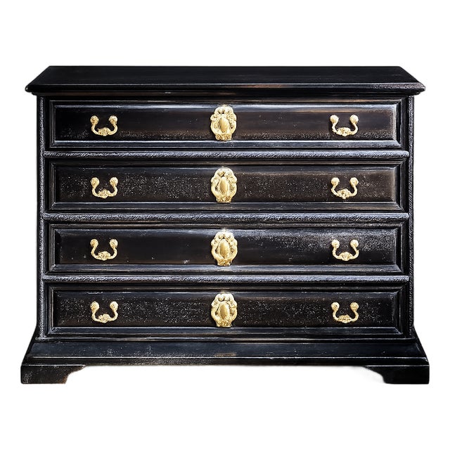 Venetian Solid Walnut 4-Drawer Dresser With Antique Brass Hardware, Black For Sale