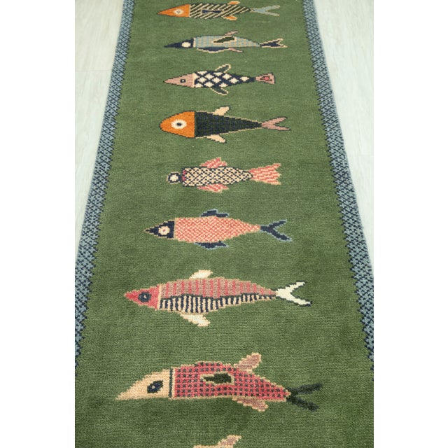 Koi Fish Olive Green Hand Knotted Runner Rug 2.6x8Ft. For Sale - Image 13 of 18