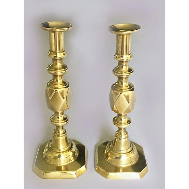 Late 19th Century Late 19th Century English Antique King of Diamonds Brass Candlesticks, a Pair For Sale - Image 5 of 8