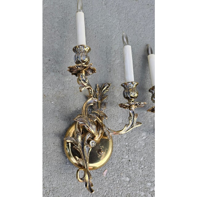 Mid 20th Century Pair of Mid 20th Century Swedish Victorian Rococo Style Brass Two Light Wall Sconces For Sale - Image 5 of 10