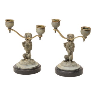 Pair of Regency Dog-Form Gray-Painted and Brass Two-Light Candelabra For Sale