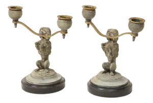 Pair of Regency Dog-Form Gray-Painted and Brass Two-Light Candelabra