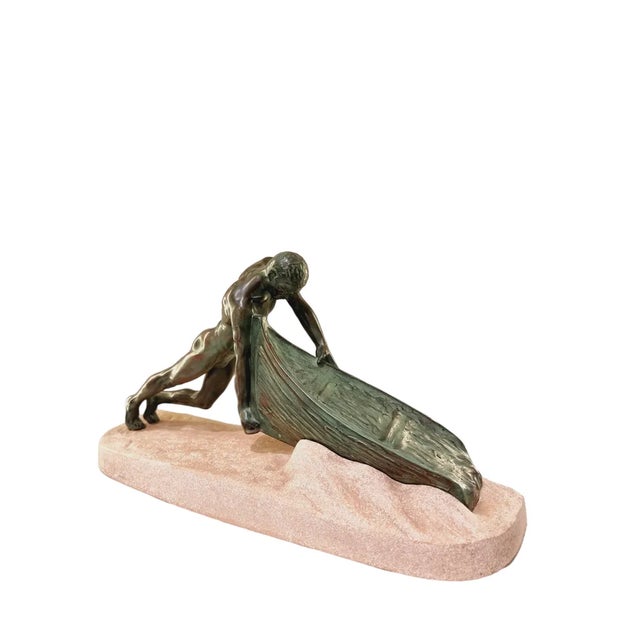 Max Le Verrier, Art Deco Nude Male Figure Pushing a Boat, 1930s, Metal For Sale - Image 6 of 8