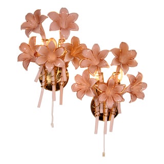 Pink Lily Spectacular Murano Wall Lamps by Franco Luce, 1970, Set of 2 For Sale