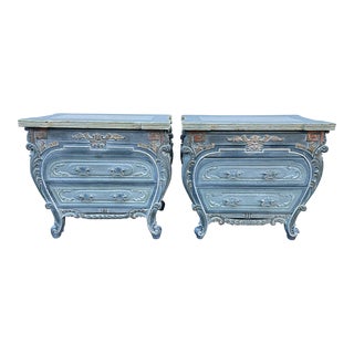 1970s Italian Handpainted Bombe Chests With Carved Greek Key, Shell and Faux Bamboo - Set of 2 For Sale