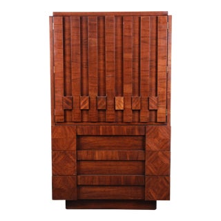 Paul Evans Style Mid-Century Modern Brutalist Walnut Armoire Dresser by Lane For Sale