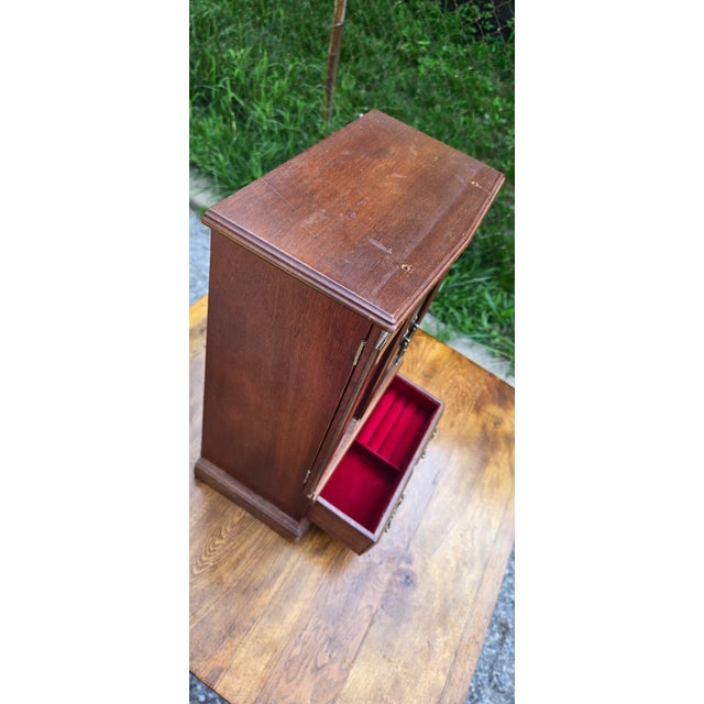 Textile Vintage Wooden Jewelry Armoire With Etched Glass Doors & Red Velvet Lined Interior For Sale - Image 7 of 16