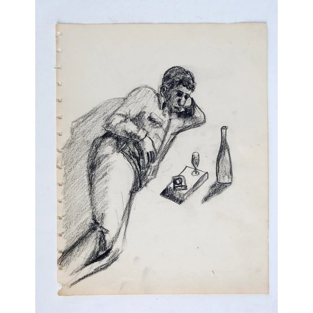Vintage mid 20th century charcoal on paper drawing of man alone with his wine. Unsigned. Unframed, age toning, sketch book...