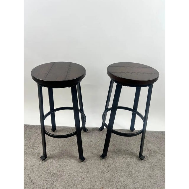 Vintage Industrial Style Round Wood Top Bar Stools W Black Iron Legs, Set of 4 For Sale In New York - Image 6 of 11